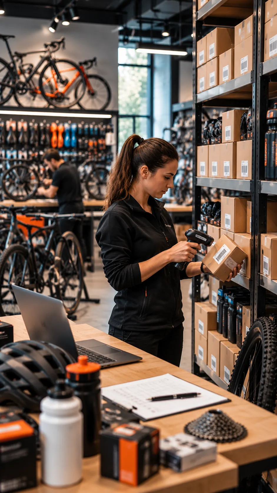 Control de stock e inventario organizado en una tienda y almacén de bicicletas