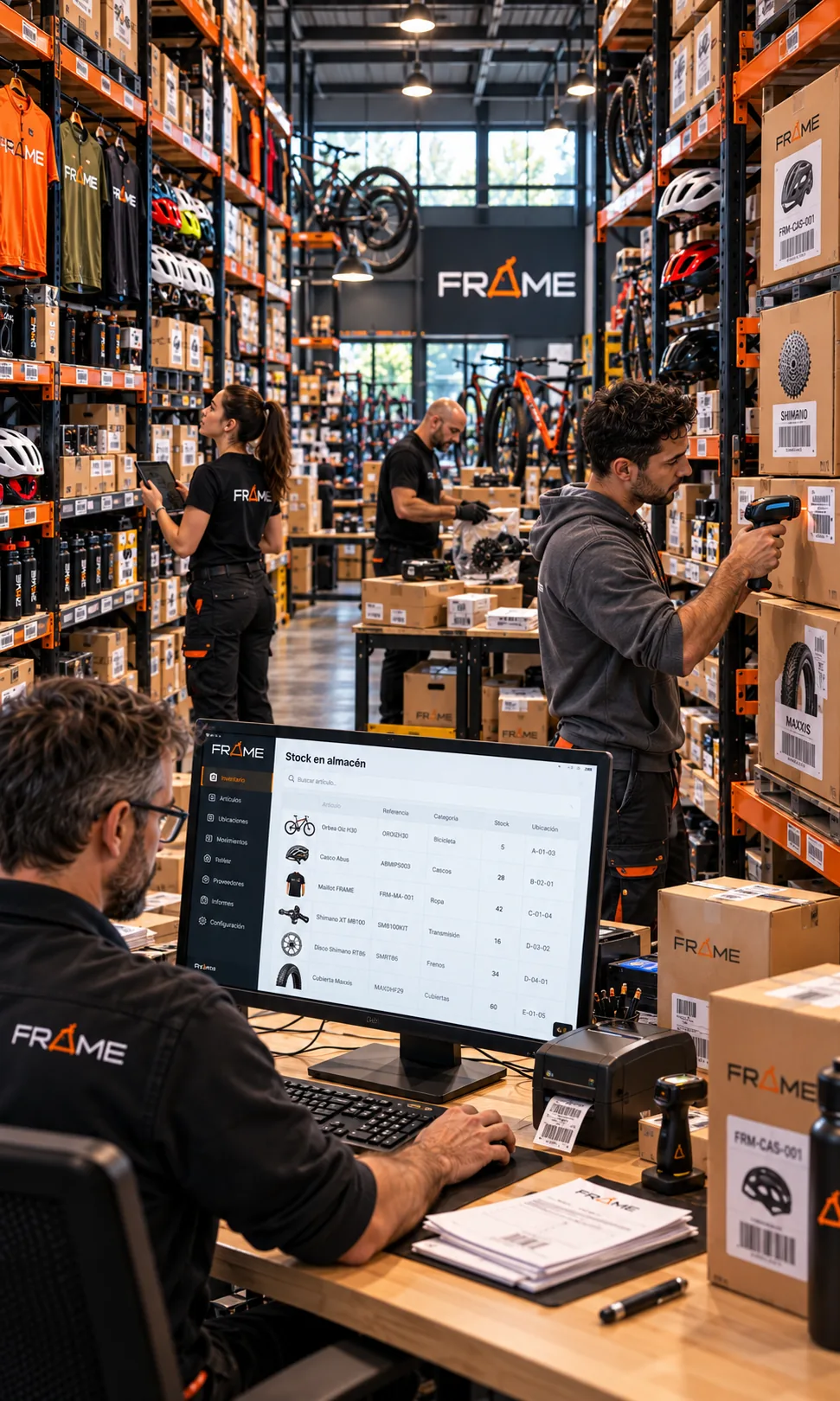 Almacén con stock de bicicletas, componentes, equipamiento y recambios controlados con FRAME