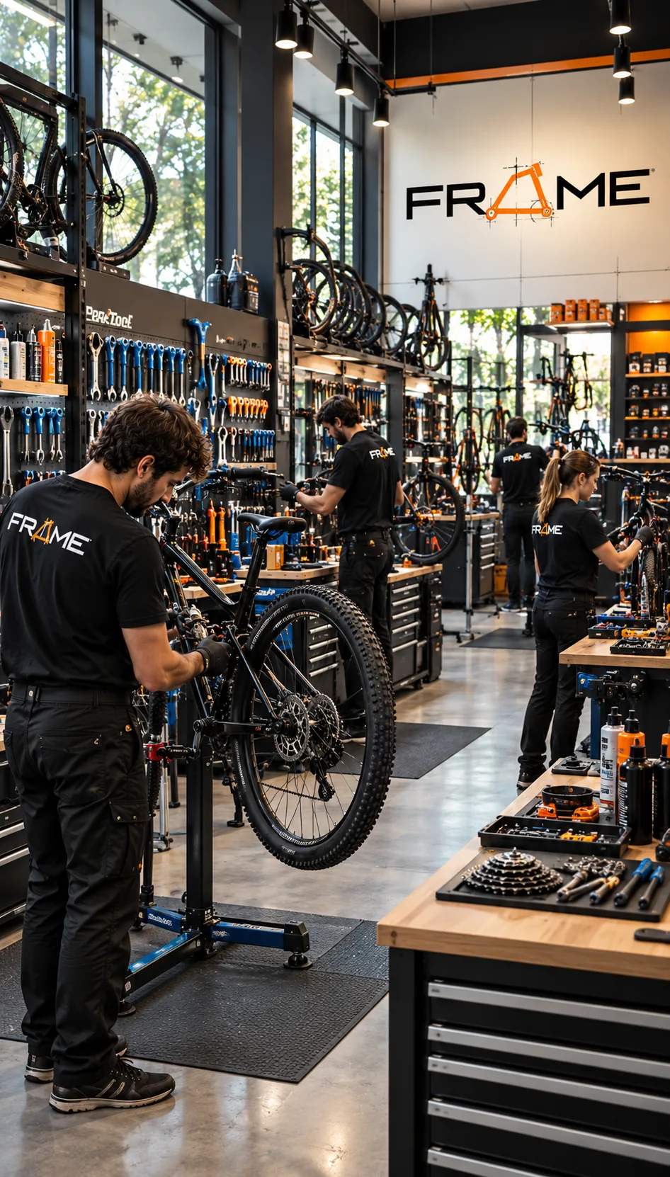 Taller de bicicletas con varios puestos de mecánico trabajando en reparaciones