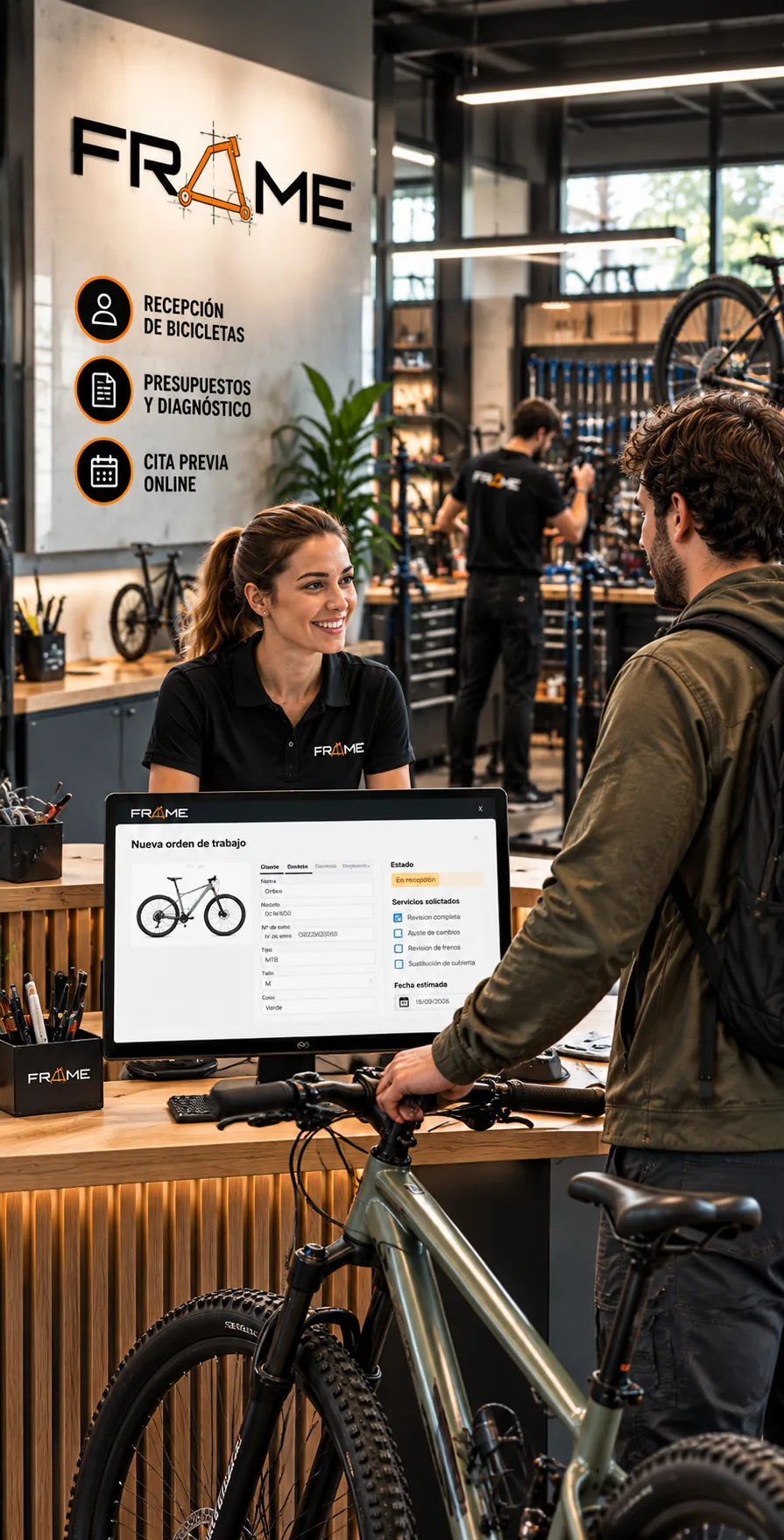 Recepción de taller registrando la entrada de una bicicleta y creando una orden de trabajo en FRAME