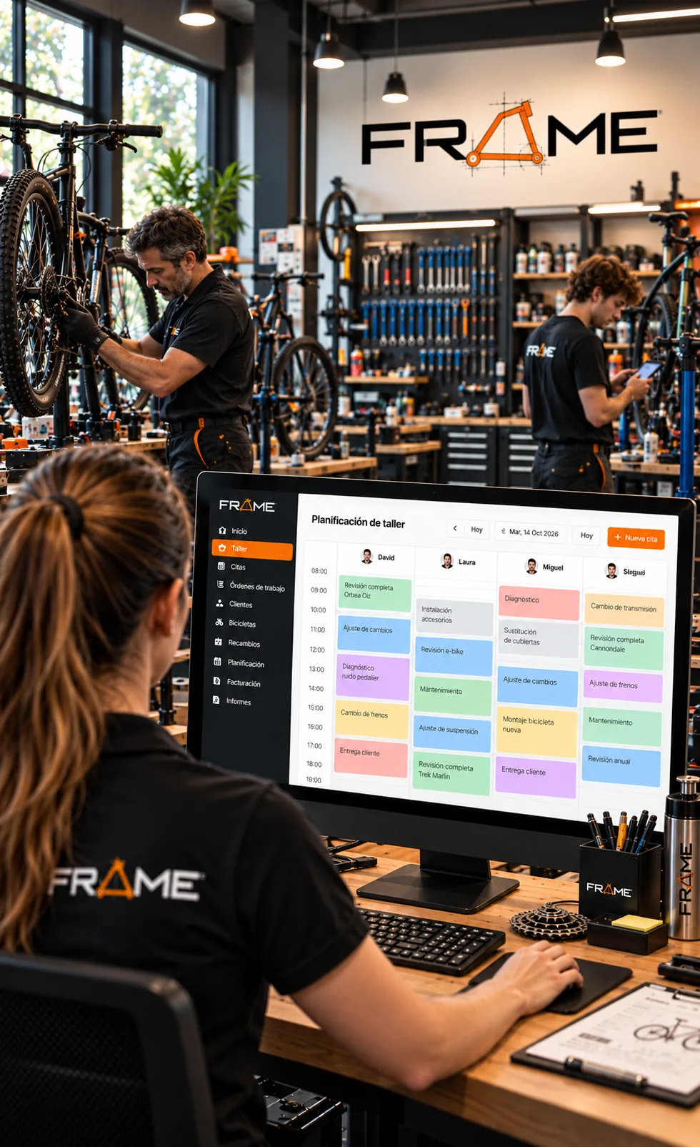 Planificación de mecánicos y horarios de trabajo en un taller de bicicletas con software FRAME