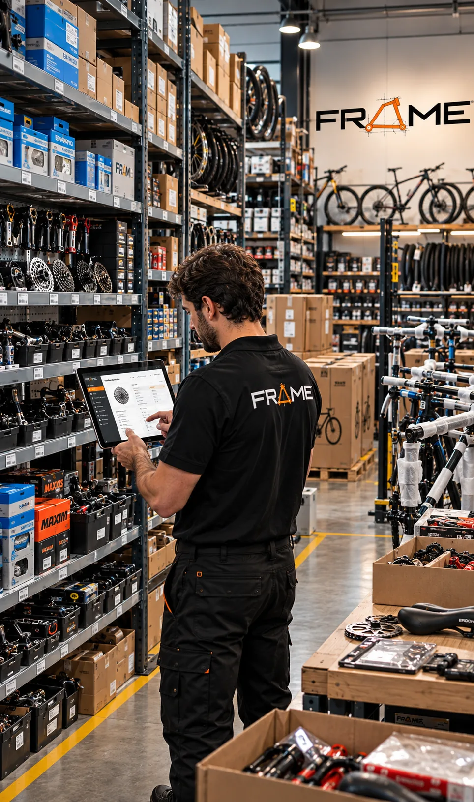 Almacén de recambios de bicicletas gestionado con FRAME desde una tablet