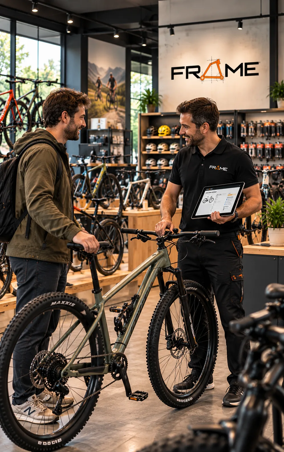 Entrega de una bicicleta nueva a un cliente en tienda con la gestión de FRAME desde una tablet
