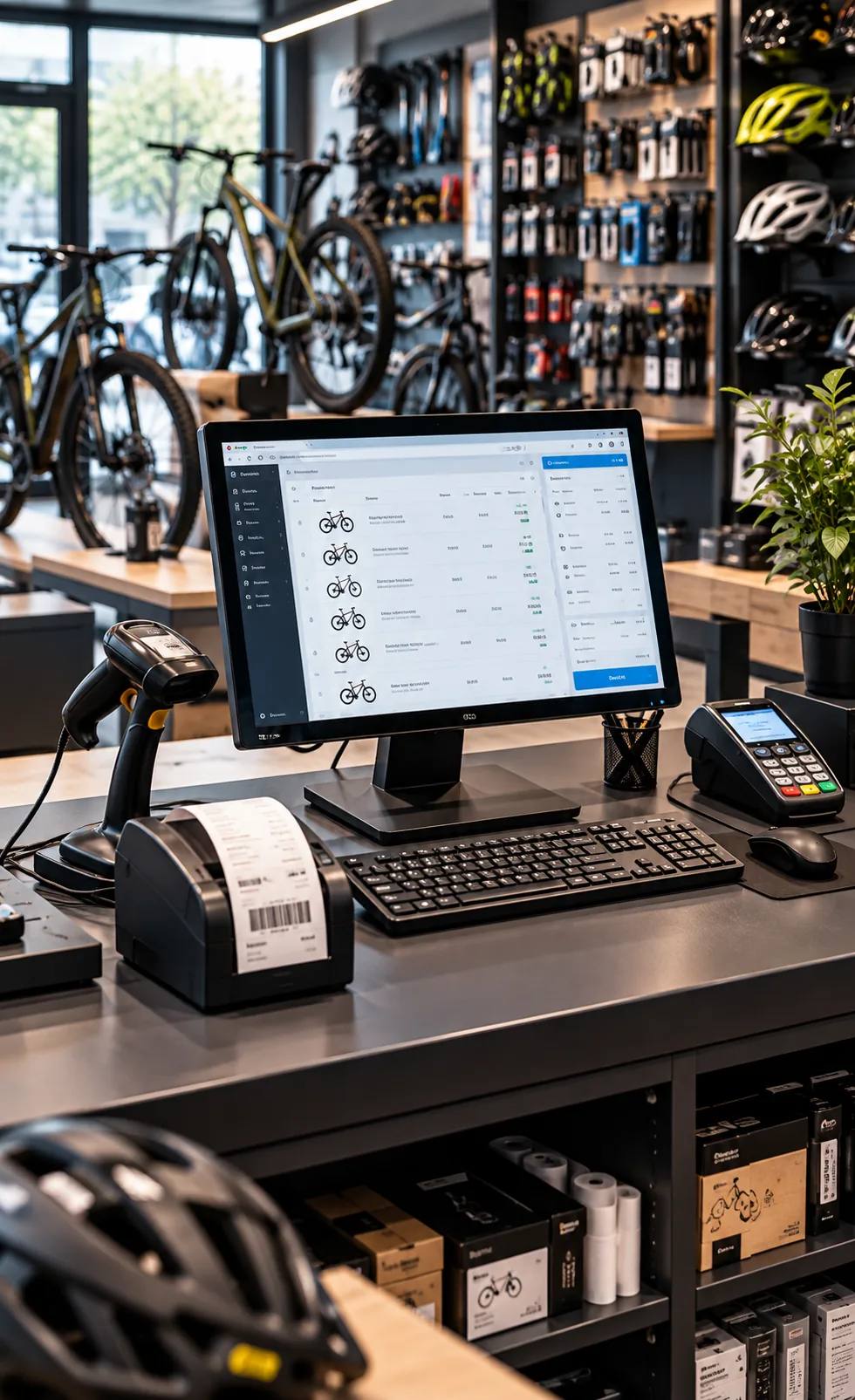 Puesto TPV completo para tienda de bicicletas con monitor, lector de códigos, impresora de tickets, cajón portamonedas y datáfono