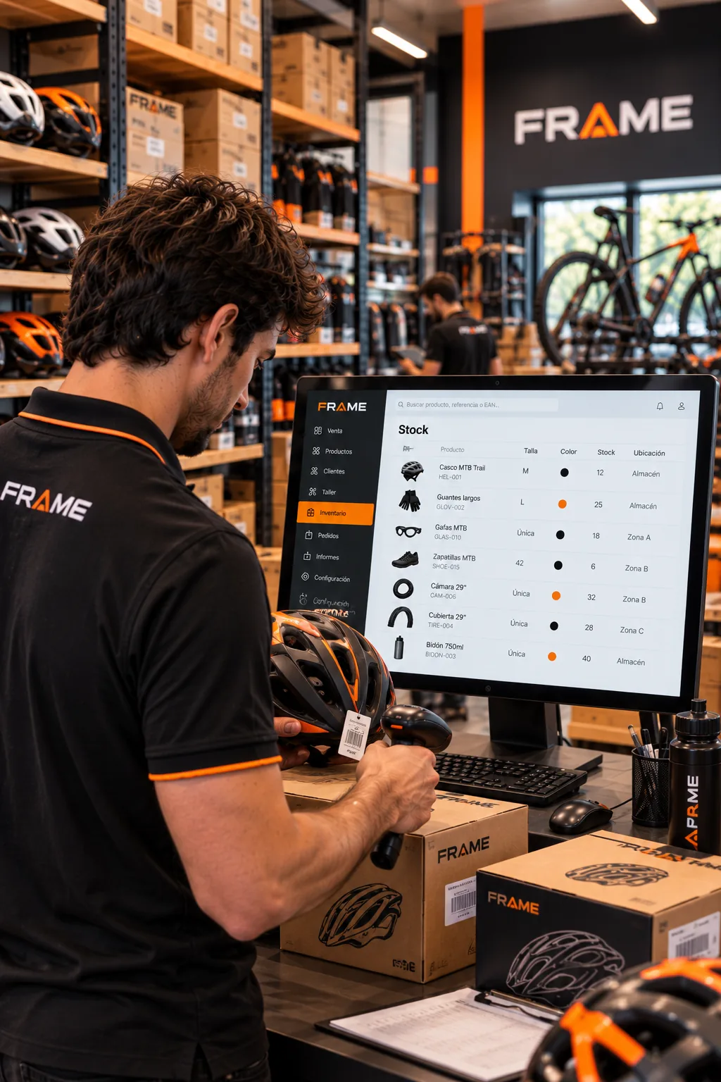 Control de stock en tienda de bicicletas con lector de códigos y software FRAME