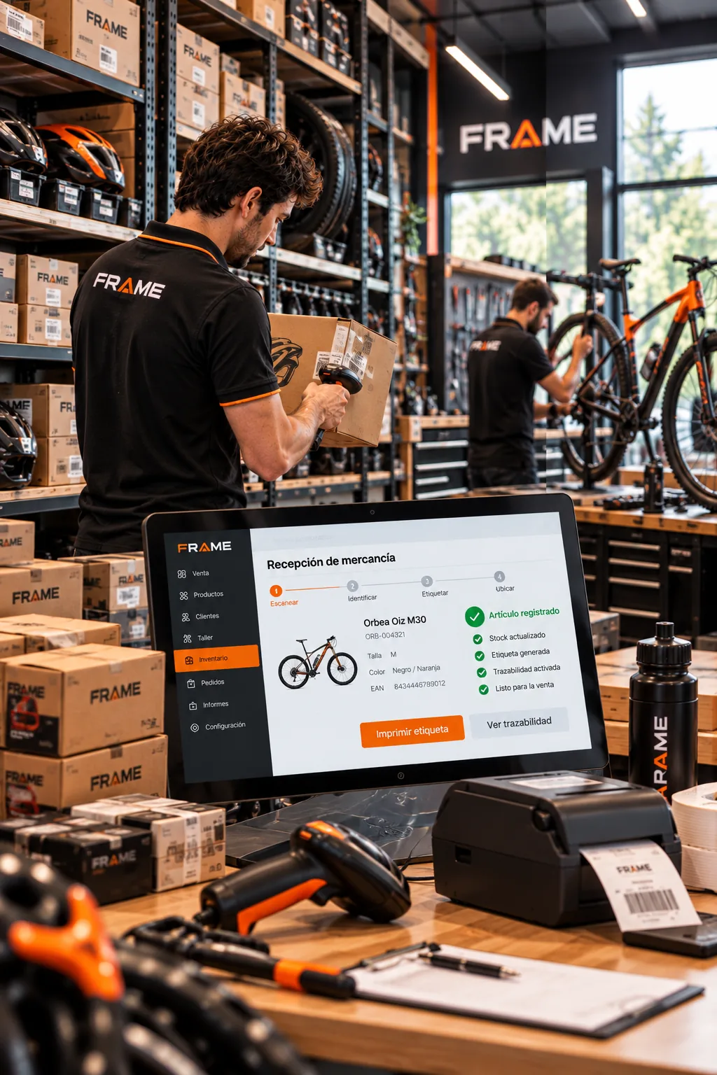 Recepción de mercancía y trazabilidad de stock en software FRAME para tiendas de bicicletas